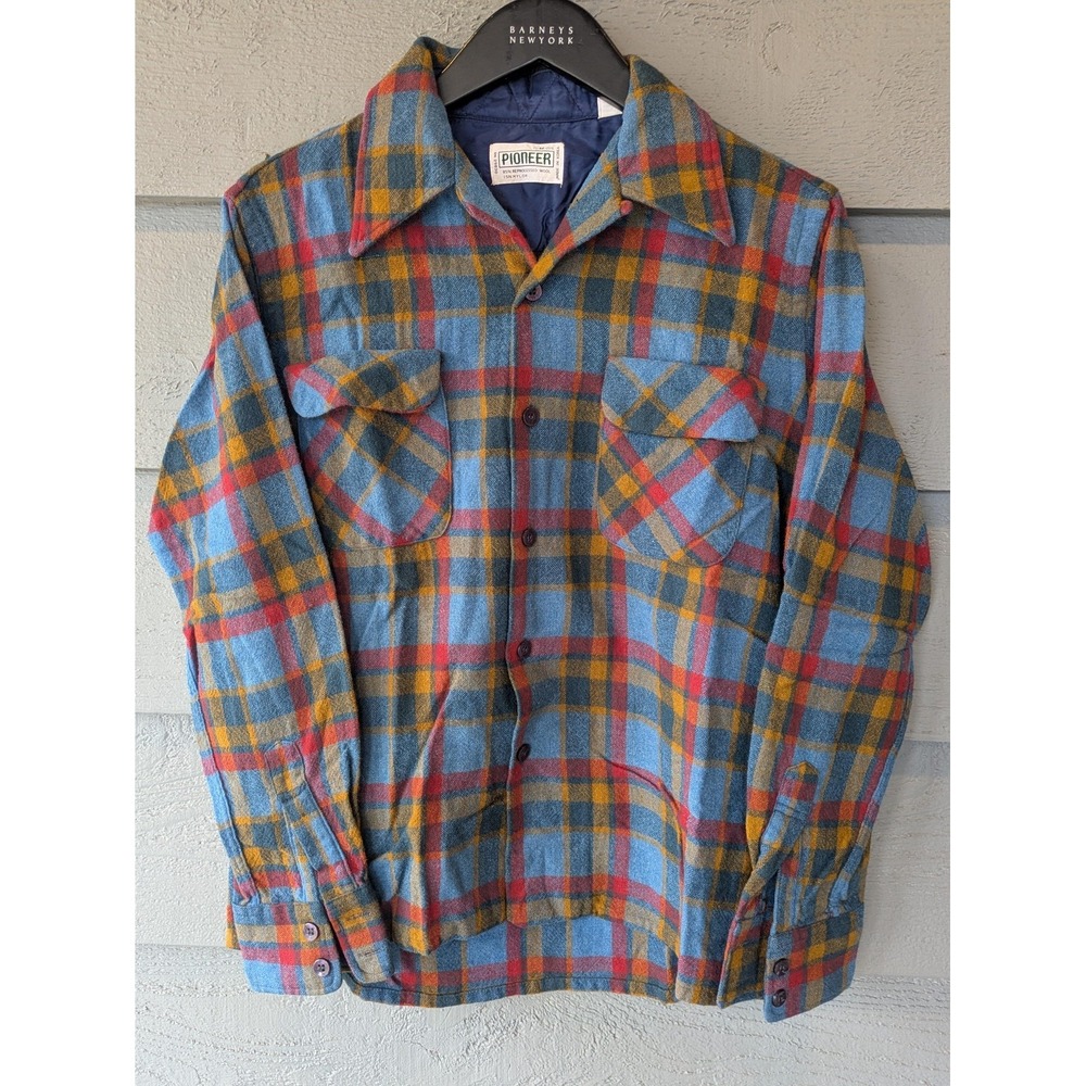 Vintage Pioneer Shirt Mens Medium Blue Plaid Wool Flannel Long Sleeve Workwear